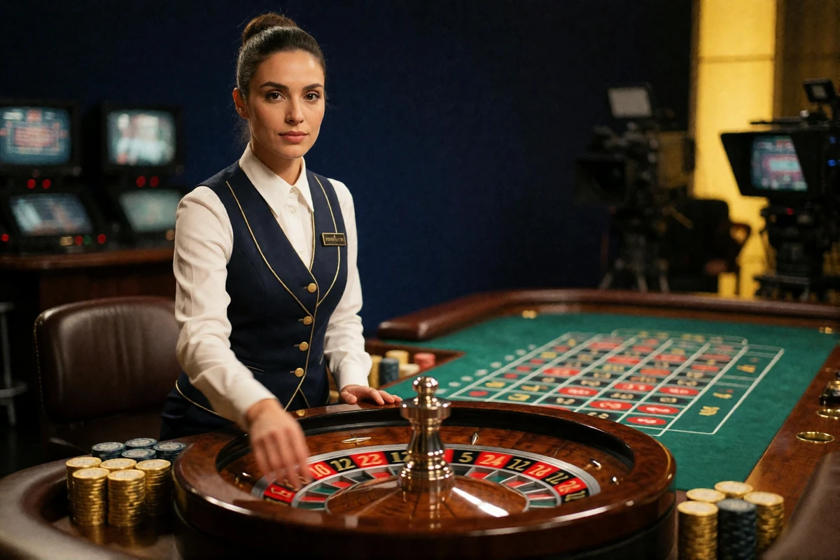 Croupi&egrave;re dreht den Roulettekessel im Studio - reales Streaming-Setup f&uuml;r Live Casino Deutschland bei BetScore