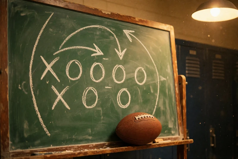 Retro-NFL-Spielzugtafel mit Kreidezeichnung und Vintage-Football als Motiv f&uuml;r NFL Wetten in Deutschland