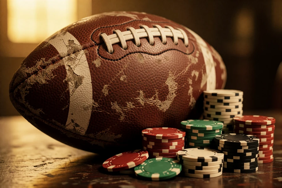 Vintage-Lederfootball neben gestapelten Casino-Chips als Symbol f&uuml;r Sportwetten und Casino in einem Konto