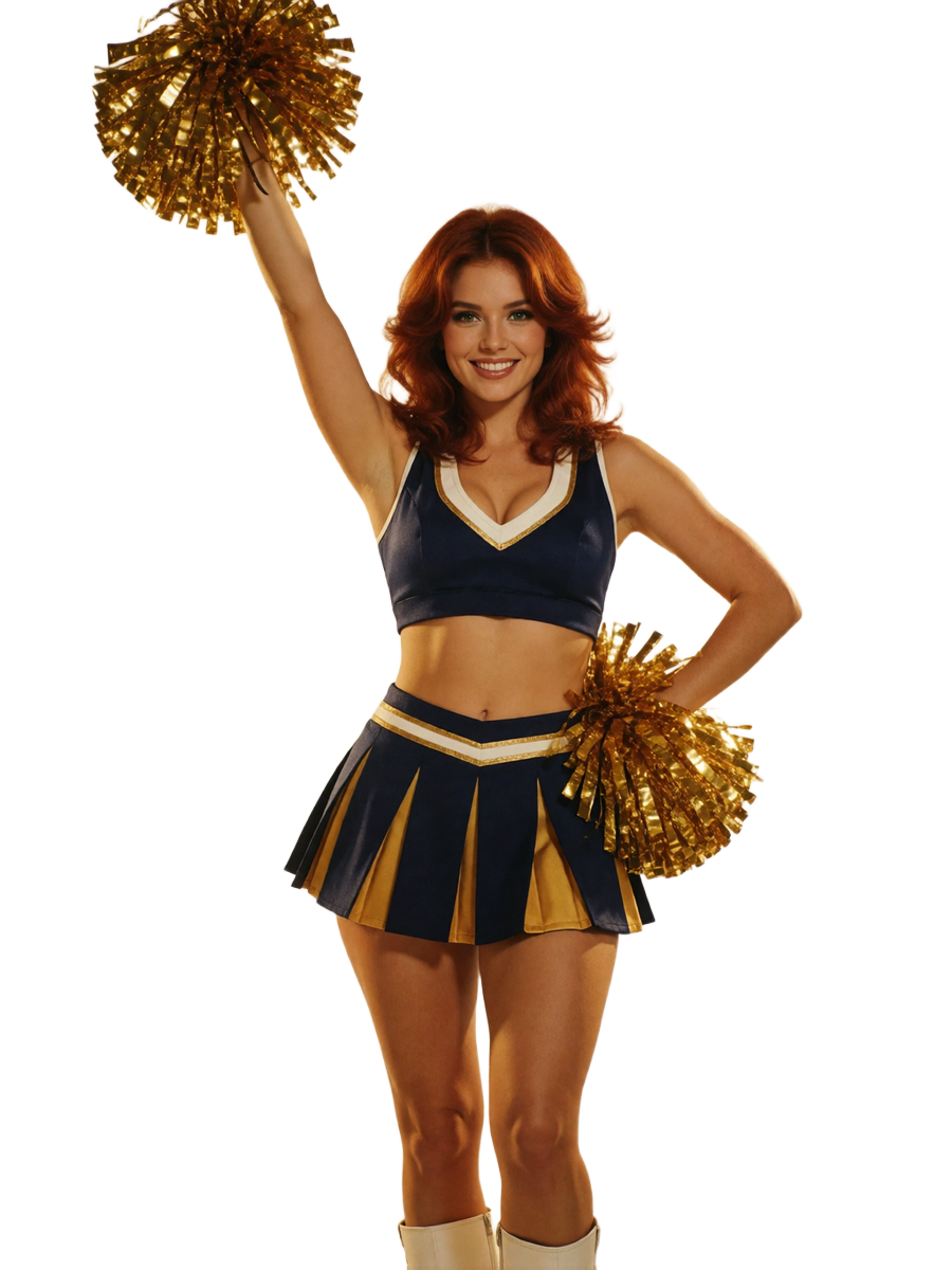 Cheerleaderin in Vintage-NFL-Uniform mit goldenen Pompons als Maskottchen-Motiv von BetScore Casino