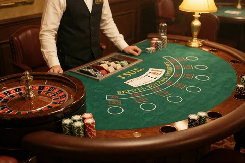 Live-Dealer-Tisch mit Roulettekessel und Karten als Wegweiser ins Live Casino von BetScore